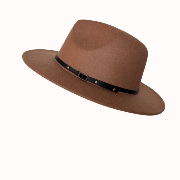 Classic Cowgirl Wide Brim Fedora Tan Hat Black Faux Leather Band Fashion Trendy main image 14